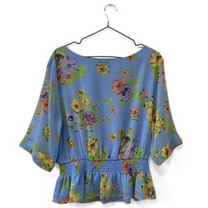 Wayf Blue Mesh Smocked Floral Spring 3/4 Sleeve Peplum Blouse Size Medium